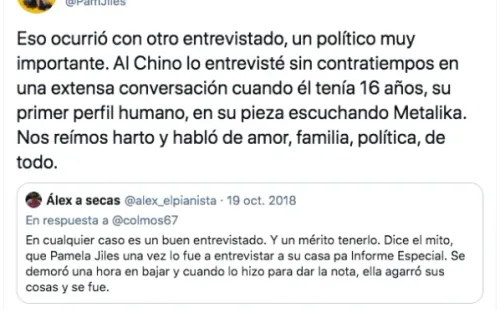 El tuit de Pamela Jiles sobre Marcelo Chino Ríos en 2018.
