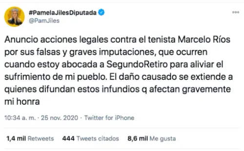 El tuit de Pamela Jiles en reacción a las acusaciones de Marcelo Ríos.