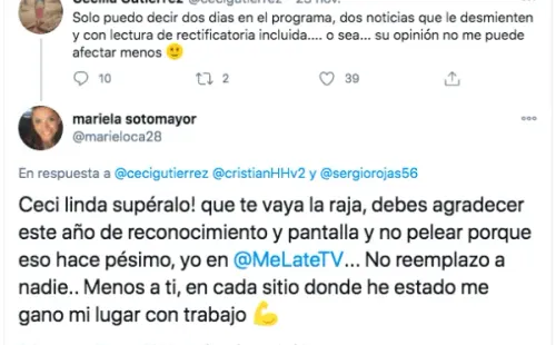La reacción de Cecilia Gutiérrez y la respuesta de Mariela Sotomayor en Twitter.