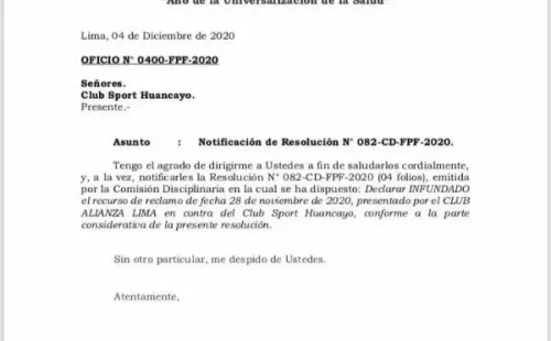 La respuesta de la Federación Peruana de Fútbol al reclamo de Alianza Lima.