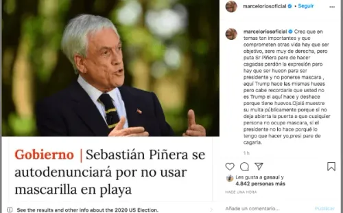 La publicación de Instagram con la que Marcelo Chino Ríos disparó contra del Presidente Piñera, por no usar mascarilla en Cachagua.