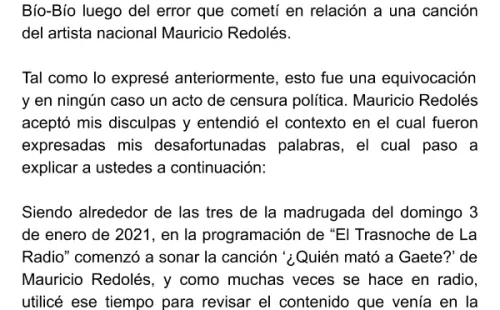 Declaración del periodista Esteban Barahona, tras su despido de Radio Bío Bío por la polémica con Mauricio Redolés.(1)