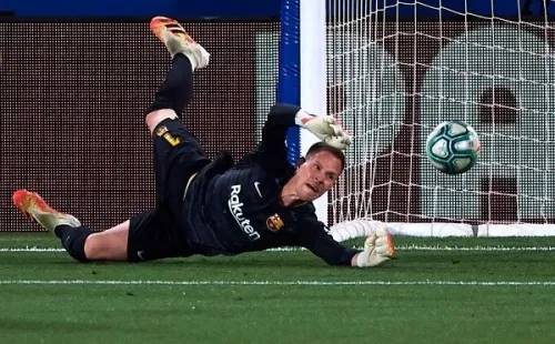 VILLAREAL, SPAIN - JULY 05: Ter Stegen of Barcelona in action during the Liga match between Villarreal CF and FC Barcelona at Estadio de la Ceramica on July 5, 2020 in Villareal, Spain. (Photo by Pablo Morano/MB Media/Getty Images)-Not Released (NR)