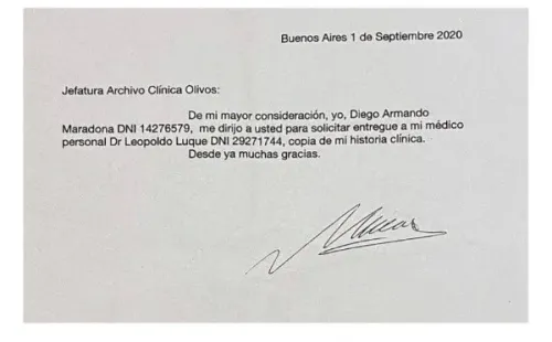 Documento encontrado en poder de Leopoldo Luque, que resultó tener la firma adultera