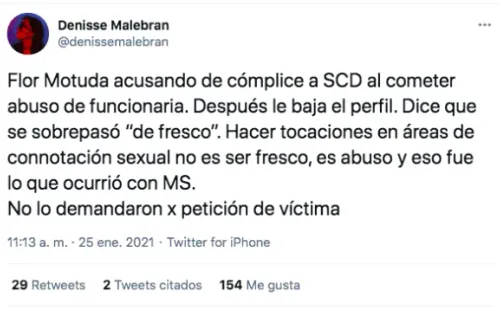 Los tuits de Denisse Malebrán cuestionando las declaraciones de Florcita Motuda en Chilevisión.(1)