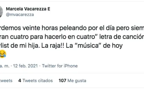 La escandalizada publicación de Marcela Vacarezza en su cuenta de Twitter, por la música que escucha su hija.