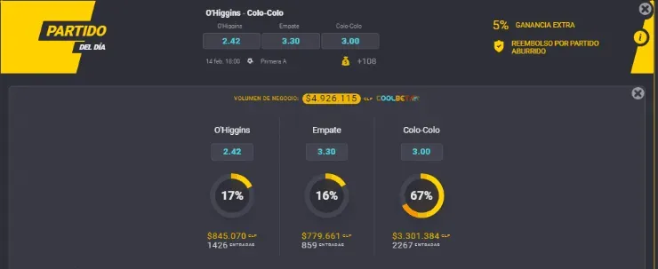 O’higgins ante Colo Colo es para el OSO de Coolbet el PARTIDO DEL DÍA. Juega de manera especial con el OSO en la última fecha del Campeonato Nacional. | Foto: Coolbet.