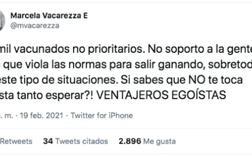 Marcela Vacarezza y su ira en Twitter por los vacunados no prioritarios.(1)