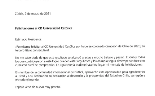 La carta fue entregada a la UC por medio de la ANFP.