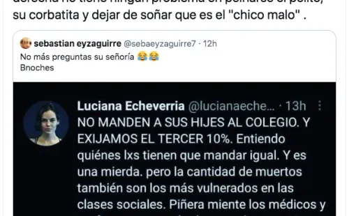 La pelea en Twitter de la actriz Luciana Echeverría y el periodista Sebastián Eyzaguirre.(2)