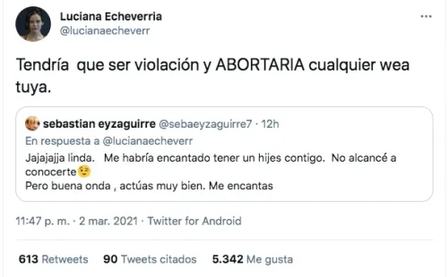 La pelea en Twitter de la actriz Luciana Echeverría y el periodista Sebastián Eyzaguirre.(4)