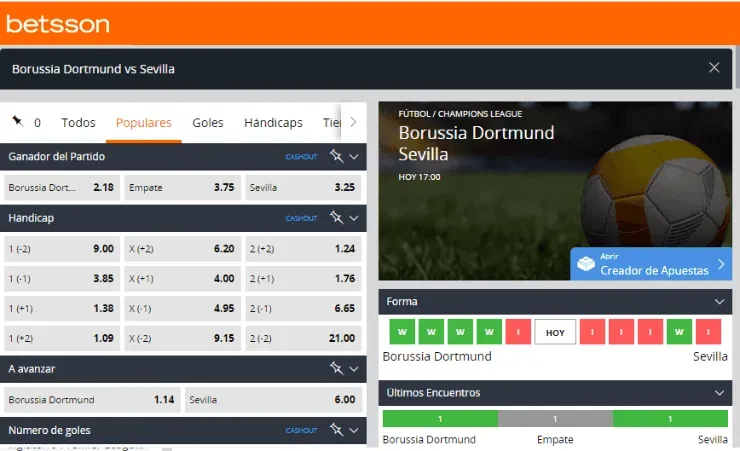 Estas son las cuotas para que te la juegues por Borussia Dortmund o por Sevilla en la UEFA Champions League. | Foto: Betsson.