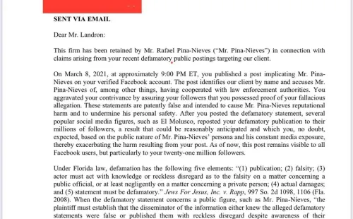 El documento que reveló el manager de Daddy Yankee, Raphy Pina, sobre la inminente demanda por difamación en contra Don Omar.(1)