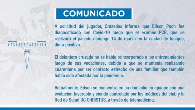 Comunicado de Universidad Católica para contagio de covid de Edson Puch