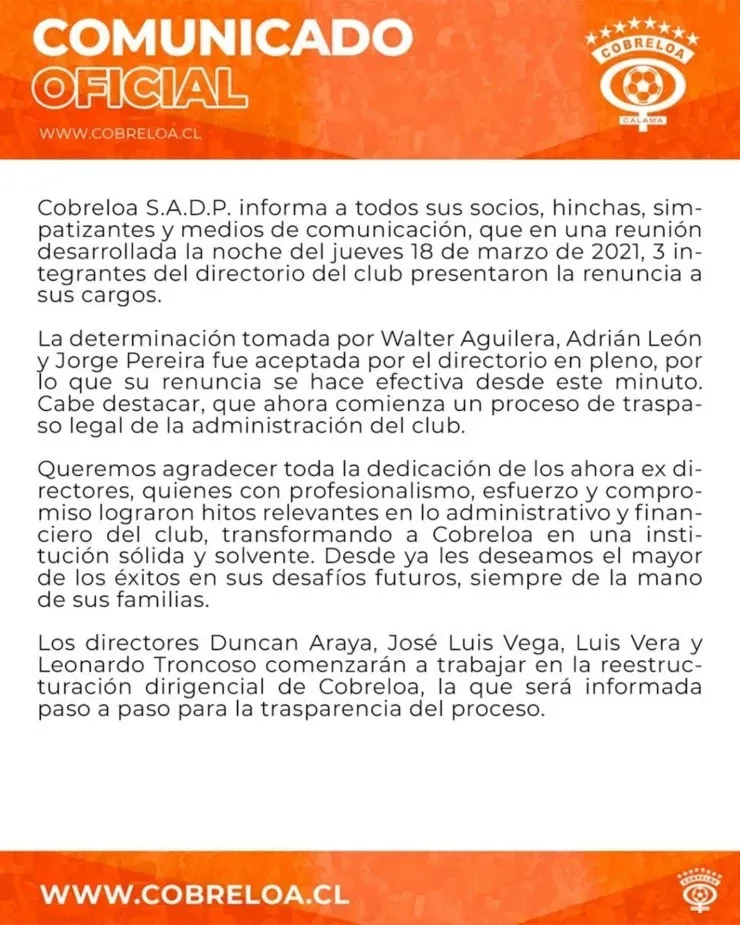 Cobreloa anuncia la renuncia de sus tres máximos dirigentes