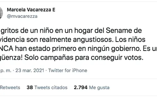 El tuit de Marcela Vacarezza ante la situación denunciada en el Sename de Providencia.
