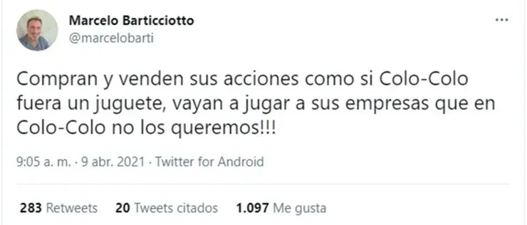 Marcelo Barticciotto critica a Blanco y Negro en Twitter