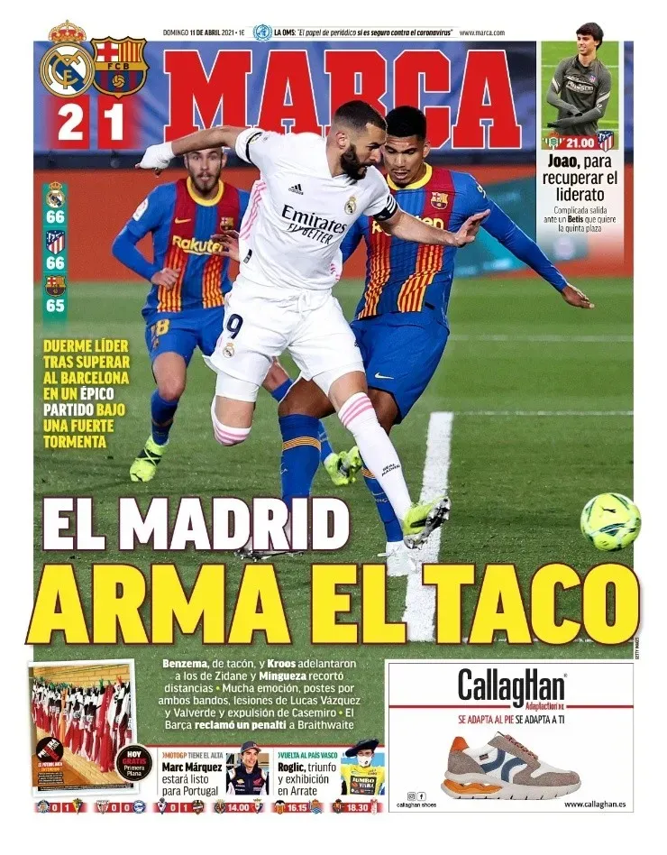 Portadas de diarios después del triunfo de Real Madrid sobre Barcelona