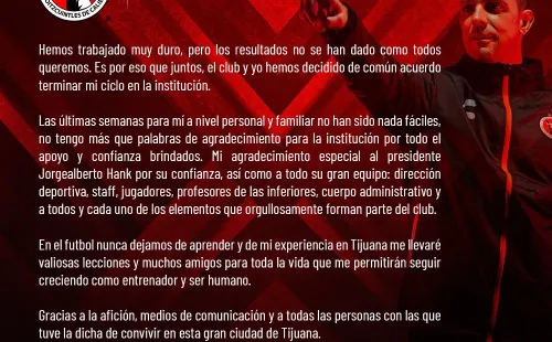 La carta de despedida de Guede a Xolos. Foto: Xolos