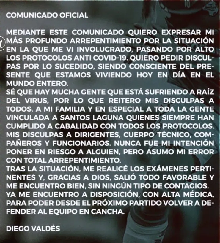 Comunicado de Diego Valdés Santos Laguna