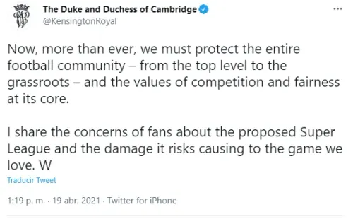El tuit de los Duques de Cambridge sobre la Supercopa.