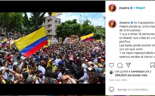 La publicación de Shakira por las intensas protestas y la represión que se está viviendo en Colombia.