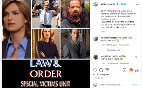 La publicación de Mickey Rourke alabando a Law & Order SVU y ninguneando a Marvel.