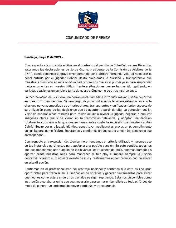 El comunicado de Colo Colo contra Fernando Véjar