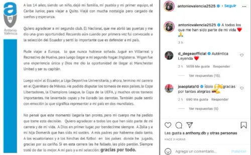 La carta de despedida de Antonio Valencia. (FOTO: @/antoniovalencia2525)