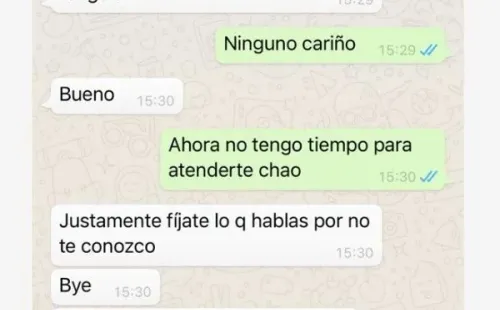 Los pantallazos de Whatsapp que dejaron expuesta la pelea entre Adriana Barrientos y Joche Bibbó.(9)