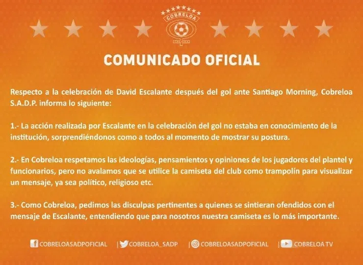 Comunicado de Cobreloa respecto a Escalante e Israel
