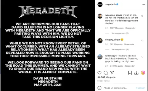 El comunicado de Megadeth sobre la expulsión de David Ellefson.