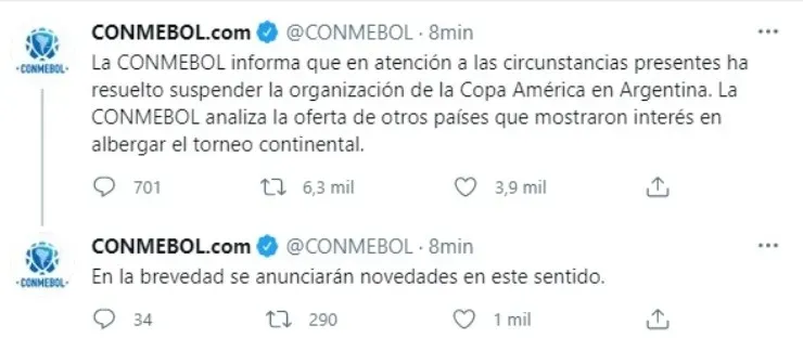 Conmebol anuncia suspensión de la Copa América en Argentina