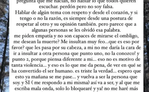 El sensible mensaje de Cata Vallejos sobre las críticas que ha recibido ante su postura de no vacunarse.