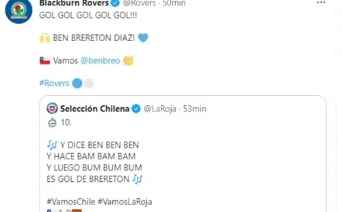 Blackburn Rovers reacciona al primer gol de Ben Brereton con la selección chilena.