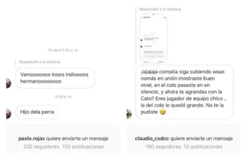 Los mensajes que Pinares subió en el Instagram el año pasado que desataron la furia de los hinchas de Colo Colo con el jugador hasta hoy. Foto: Instagram.