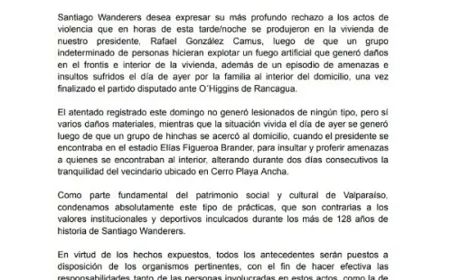 El comunicado de Santiago Wanderers tras el atentado.