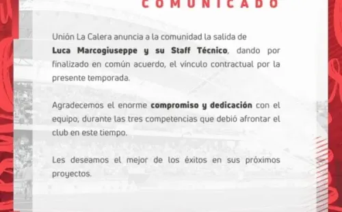 El comunicado de Unión La Calera despidiendo a Luca Marcogiuseppe.
