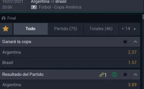 Las cuotas para que te la juegues por Argentina o Brasil en la gran final de la Copa América 2021. | Foto: Betsala.