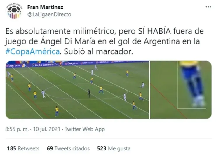 Offside o posición de adelanto de Ángel di María en la final de la Copa América