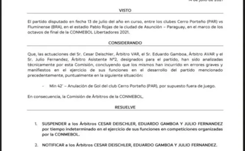 El comunicado de Conmebol por la suspensión de ambos árbitros.