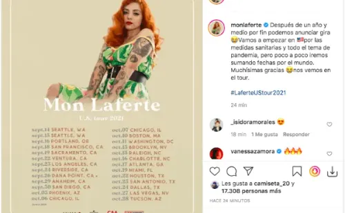 La publicación de Mon Laferte con el anuncio de su gira por Estados Unidos.