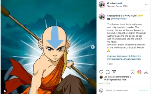 La publicación del atleta holandés Kiran Badloe con la que invocó a Aang, de Avatar: The Last Airbender, antes de participar en los Juegos Olímpicos de Tokio 2020.(1)
