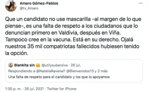 Las respuestas de Amaro Gómez-Pablos a usuarios de Twitter que le cuestionaron su trato a Cristián Contreras, Dr. File.(1)