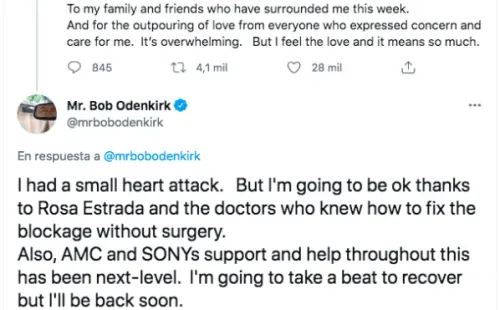 Los mensajes de Bob Odenkirk, el protagonista de    Better Call Saul, tras sufrir un “pequeño ataque al corazón”.