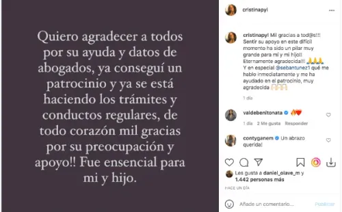 La publicación con que Cristina Peña y Lillo finalmente agradeció la ayuda de sus seguidores.