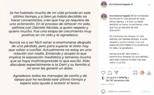 La declaración publicada por el doctor Cristian Arriagada sobre la controversia en torno a Daniela Nicolás.