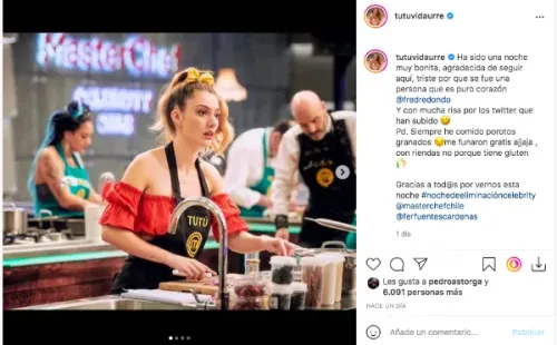 La publicación de Tutú Vidaurre por su confesión en    Masterchef Celebrity sobre nunca haber probado los porotos con riendas.