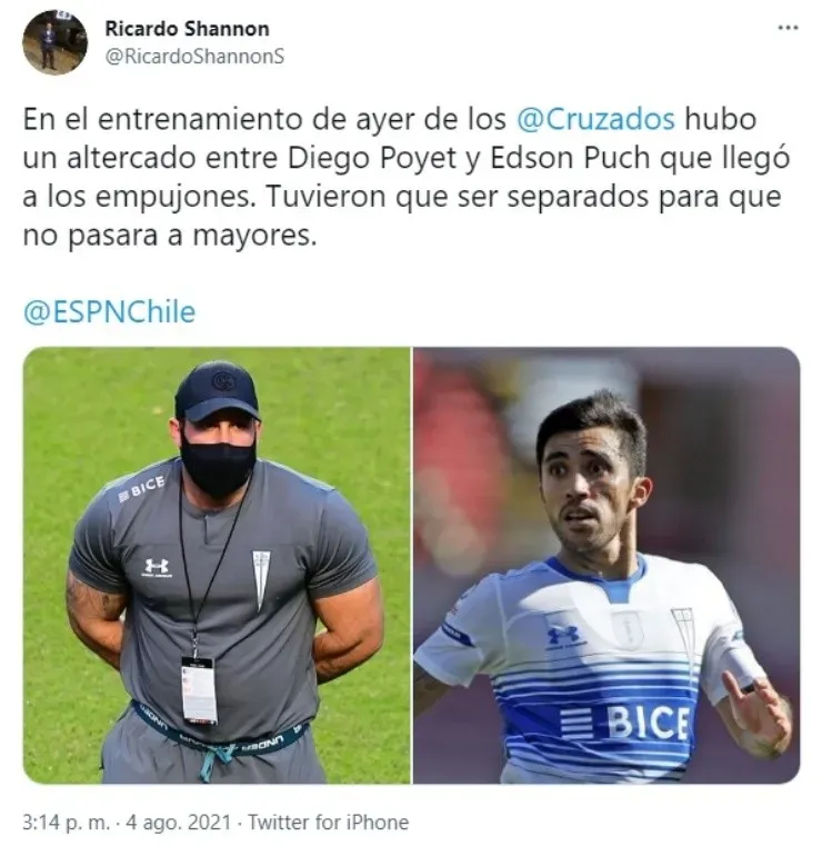 Twitter que revela pelea entre Edson Puch y Diego Poyet en Universidad Católica