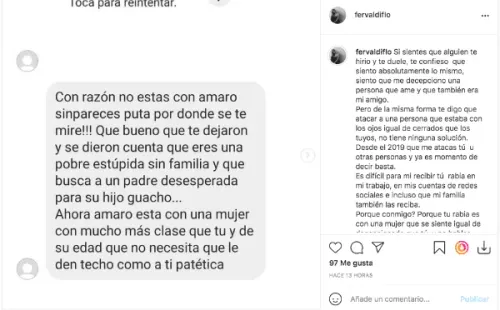 Los mensajes de acoso que recibió la ex pareja de Amaro Gómez-Pablos, Fernanda Valdivia, y que ella compartió en su Instagram.(1)